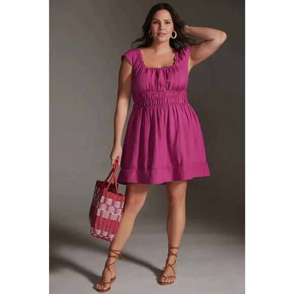 Anthropologie Dresses & Skirts - Anthropologie Womens 2X Plus Size Smocked Waist Mini Dress Linen Blend Raspberry